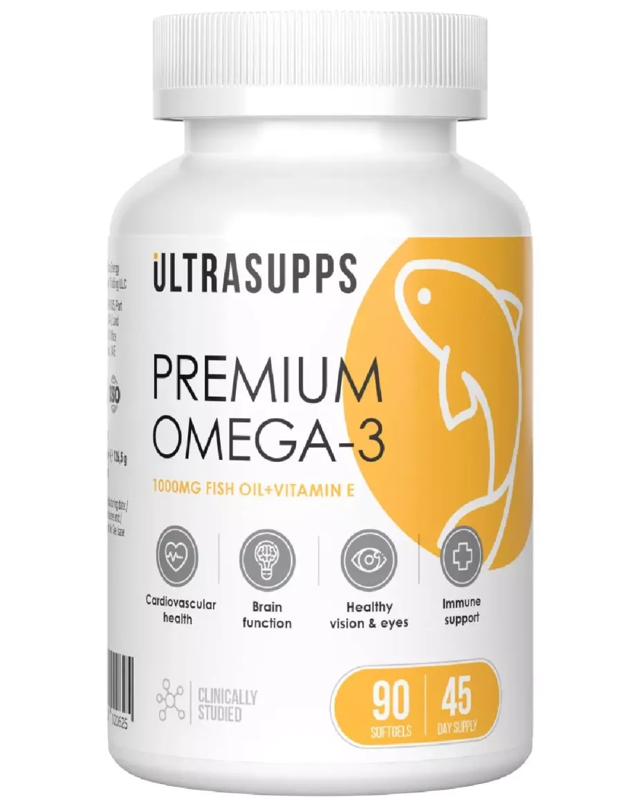картинка UltraSupps Premium Omega-3 550 мг, 90 капс от интернет-магазин спортивного питания ВИТАМИНПРО.РФ